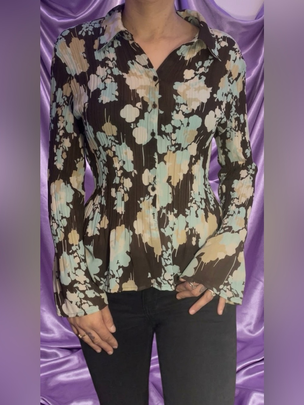 Vintage Y2K Jessica Plissé Floral Fairy grunge Whimsigoth bell Sleeve Blouse Top